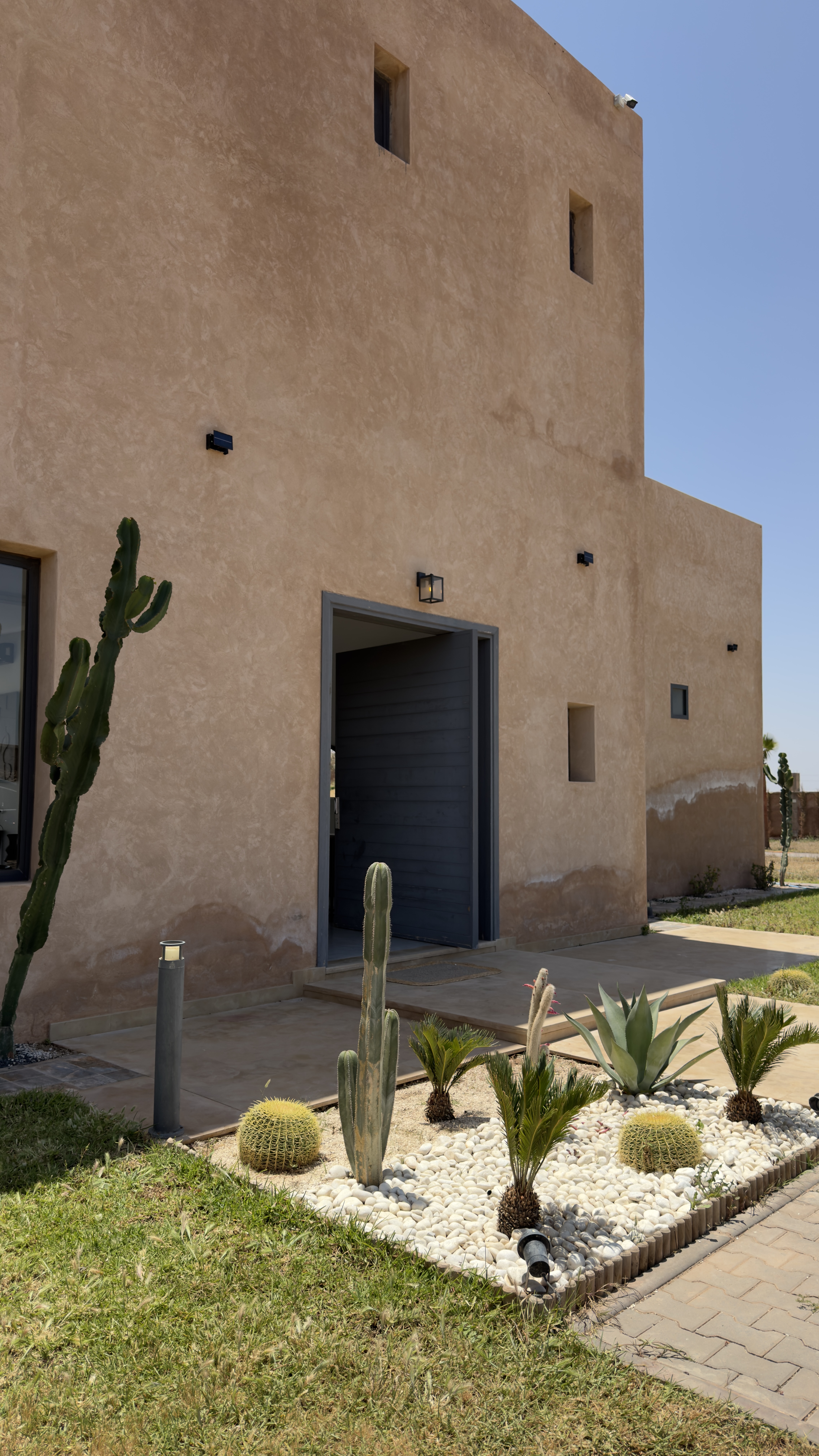 Façade tadelakt avec cactus à l'entrée